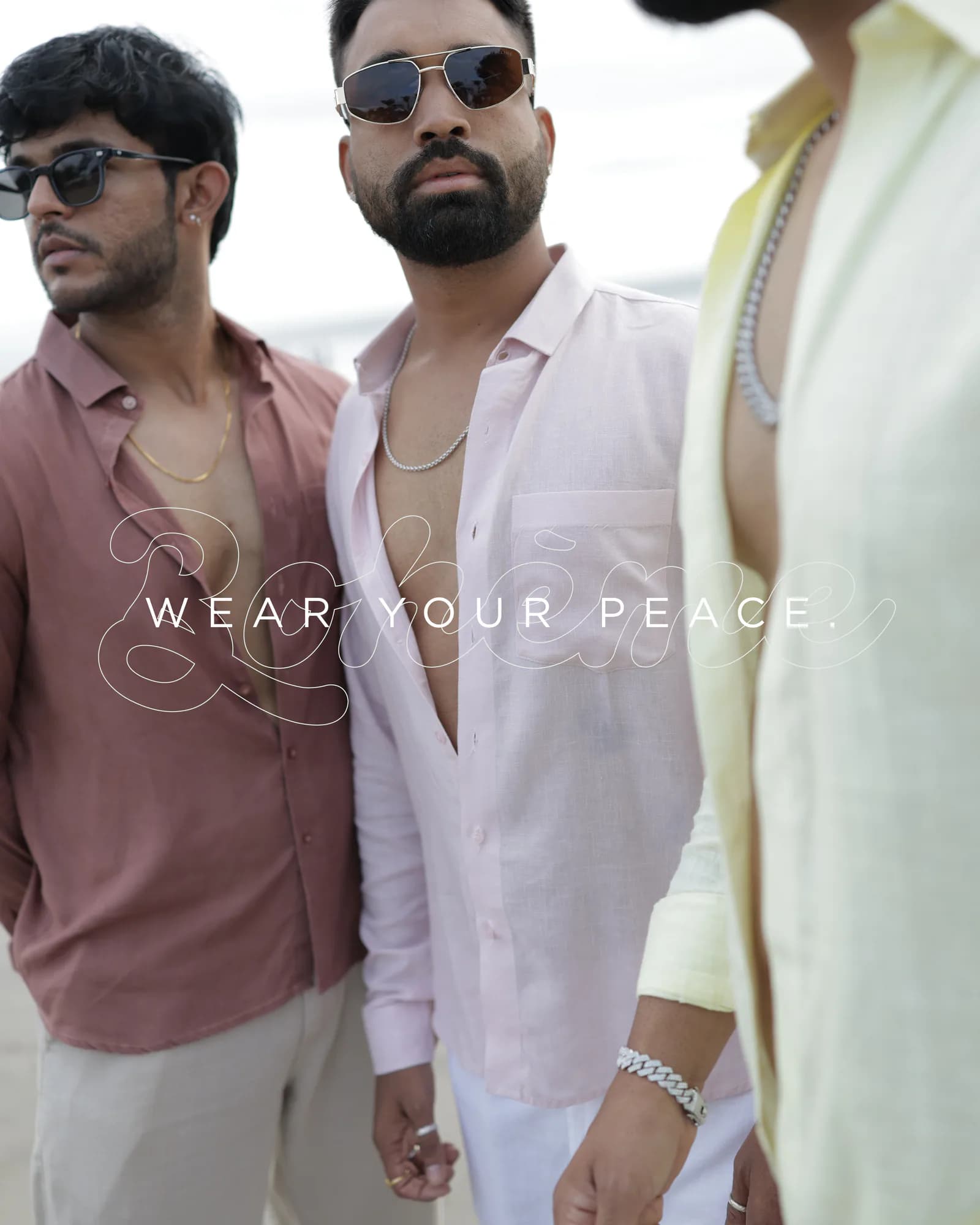 Campaign portrait of two models in linen resort shirts