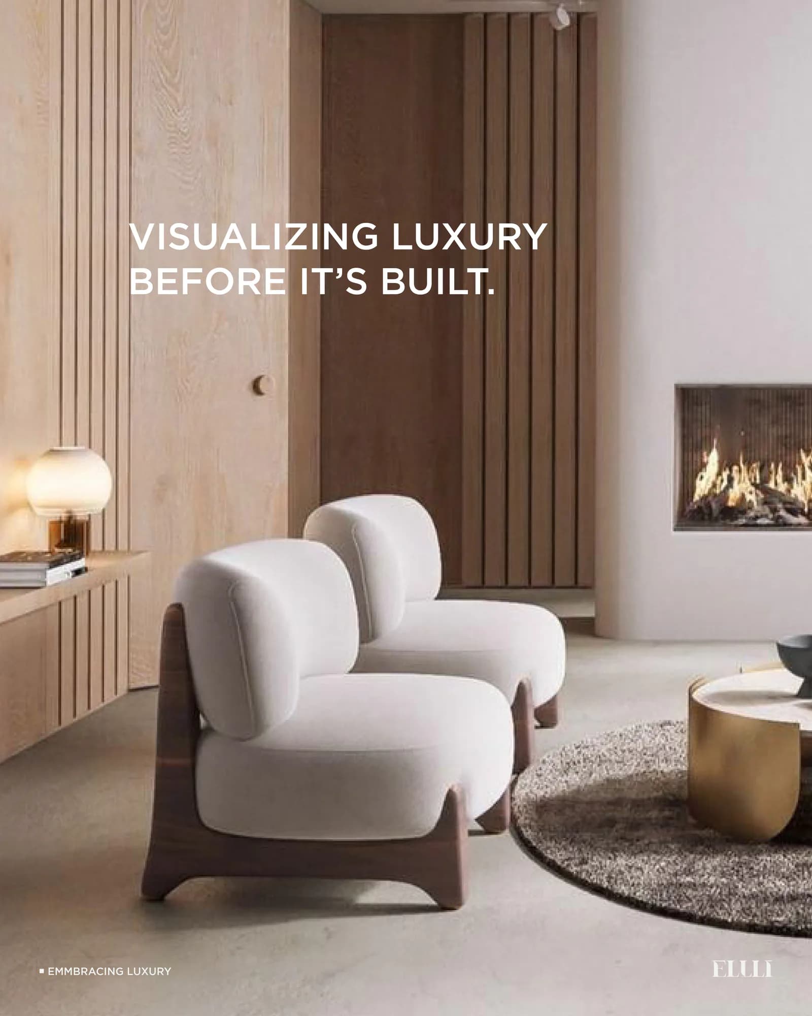 Interior visualisation post showing a lounge chair beside a fireplace