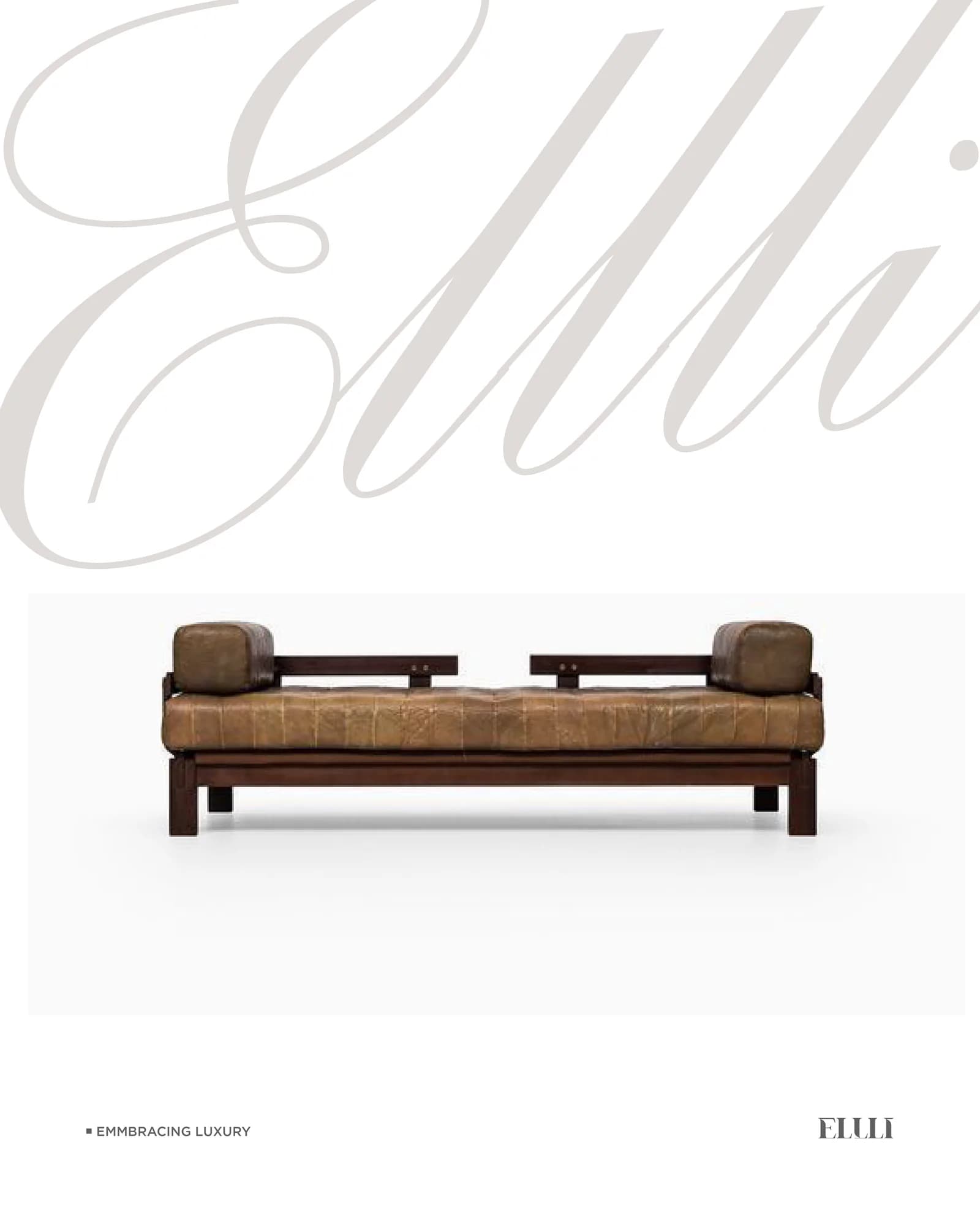 The Ellli script mark laid over a leather and timber bench