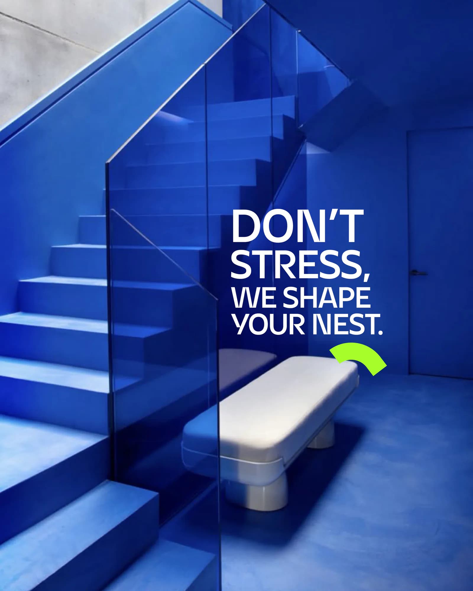 Campaign post set in a blue stairwell carrying the studio campaign line