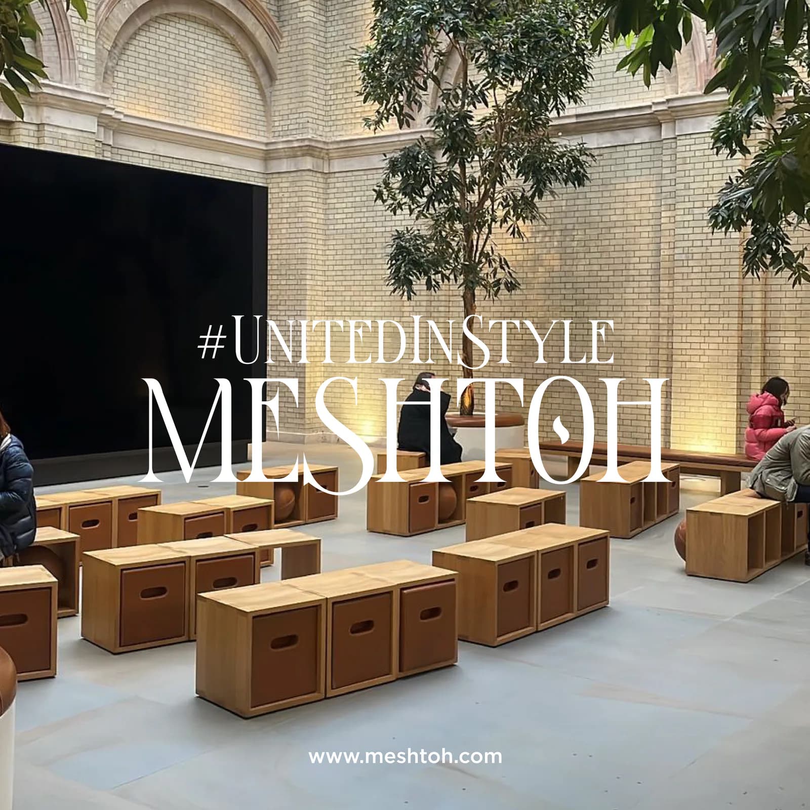 The Meshtoh wordmark and campaign hashtag set over a courtyard venue