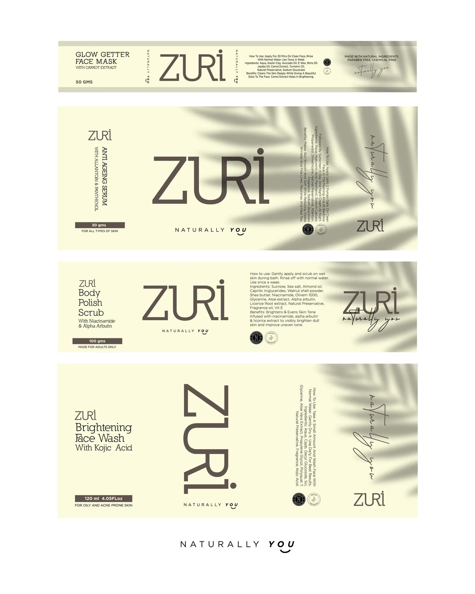 Flat artwork for the Zuri label system across four products