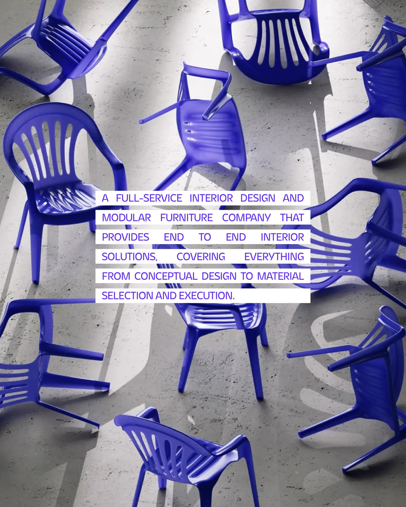 Campaign post of scattered blue chairs beside the service copy