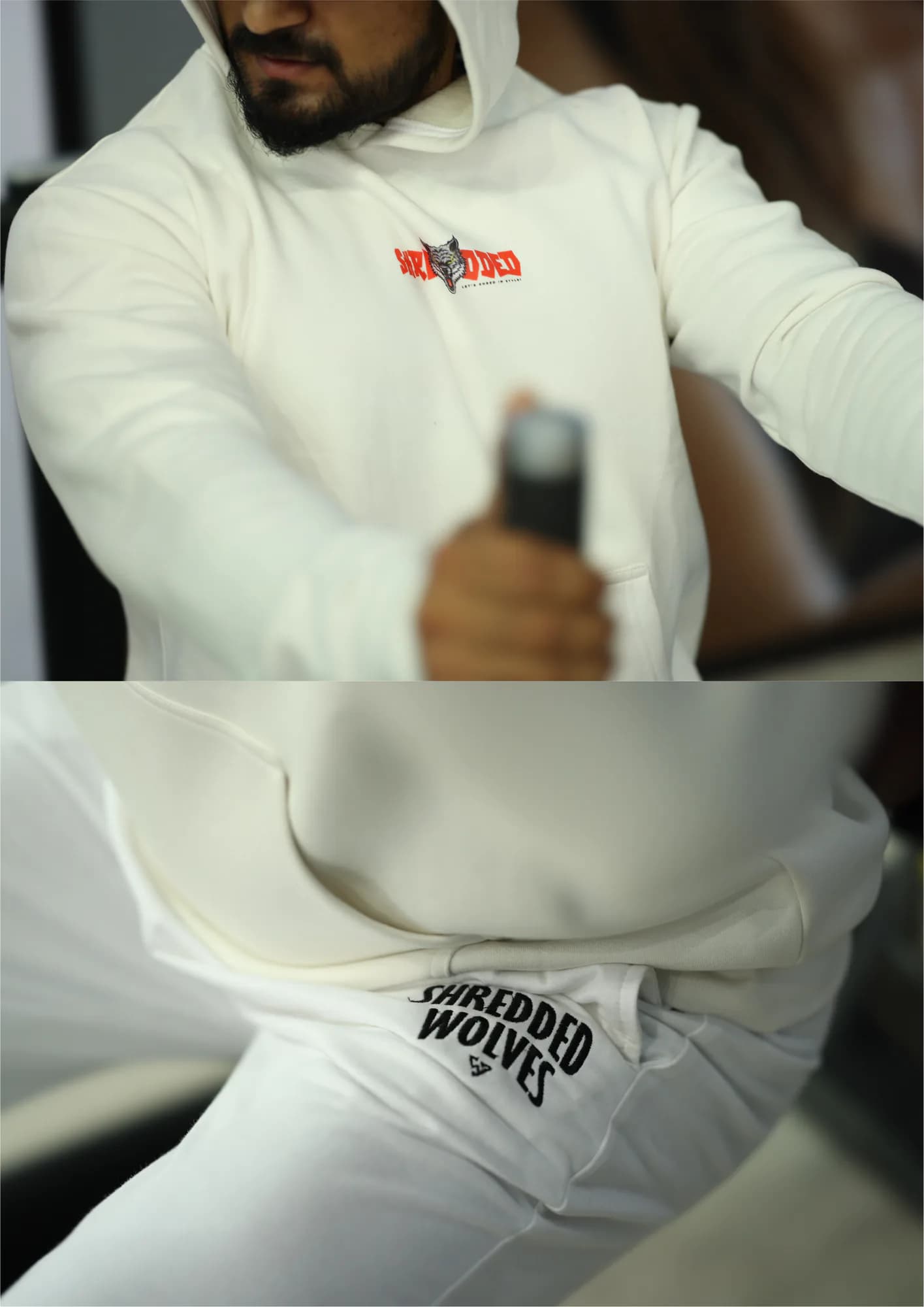 Detail of an embroidered mark on a white long-sleeve top