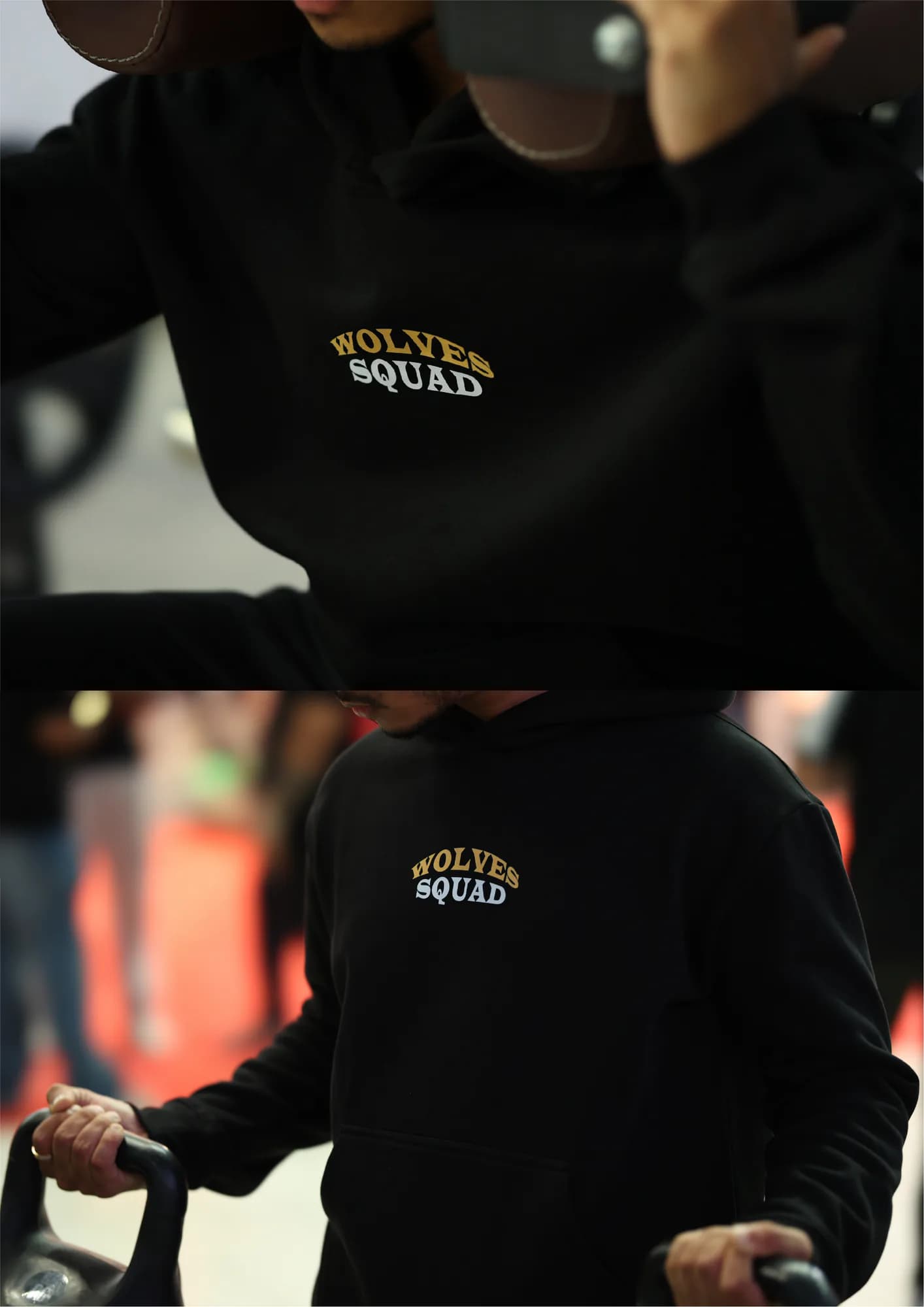 Detail of the Wolves Squad print on a black sweatshirt
